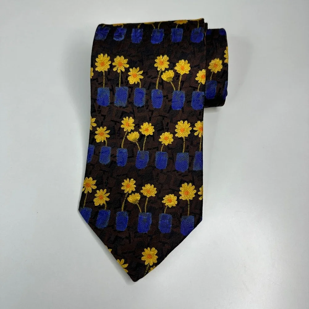 Ermenegildo Zegna Silk Tie Brown Yellow Floral Blue Vase Mens Luxury Fashion